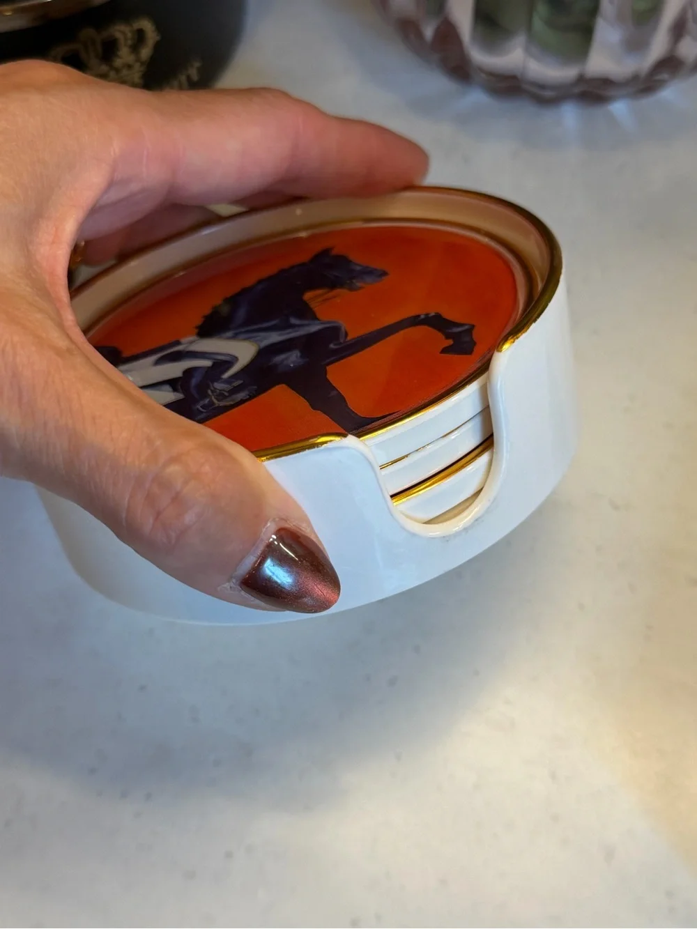 Set of 4 Equestrian Horse Decorative coasters in caddy - dramatic Orange & Navy